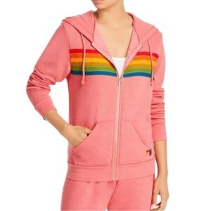 Aviator Nation Rainbow Stripe Zip Hoodie Pink Women’s Size L